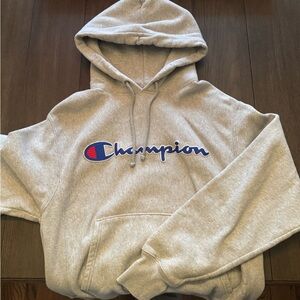 Champion Gray Hoodie with Blue & Red Script Logo